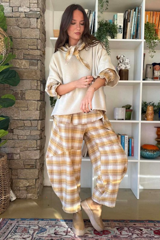 Agnes Plaid Brushed Cotton Barrel Pant Soft Dijon